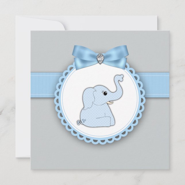 Convite Chá de fraldas Elefante Azul Elegante (Frente)