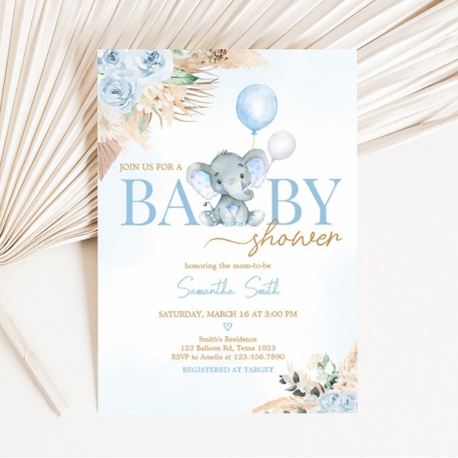 Convite Chá de fraldas Elefante de Balão Azul (Blue Floral Pampas Grass Elephant Baby Shower Invitation)