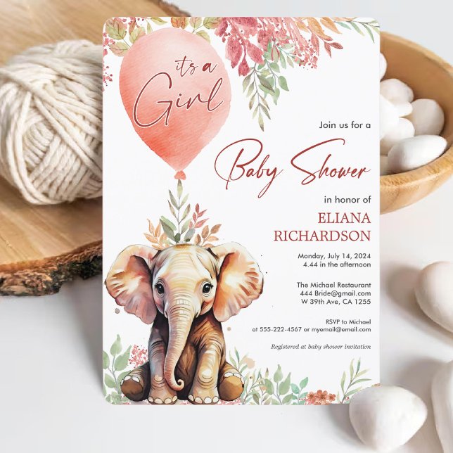 Convite Chá de fraldas elefante de balão cor-de-rosa (Baby Girl blush pink balloon elephant baby shower Invitation)