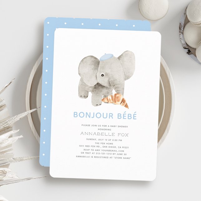 Convite Chá de fraldas Elefante de Beret Azul Bonjour Bébé (Criador carregado)
