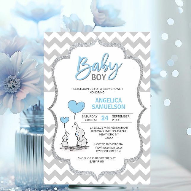 Convite Chá de fraldas Elefante de Cinza Azul-Chevron-Cute (Cute Chevron Blue Grey Elephant Baby Shower BOY Invitation)