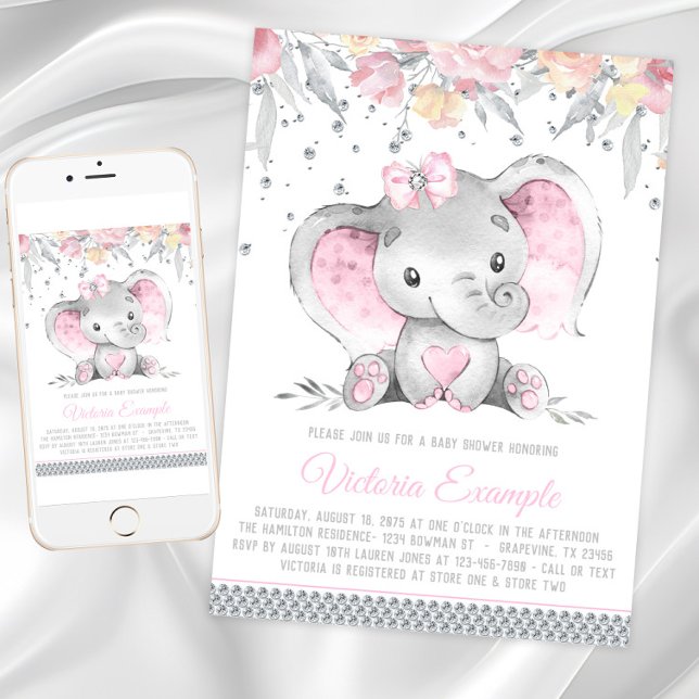 Convite Chá de fraldas Elefante de Cinza Rosa (Girl elephant baby shower invitation with cute baby elephant on a floral and diamond background.)