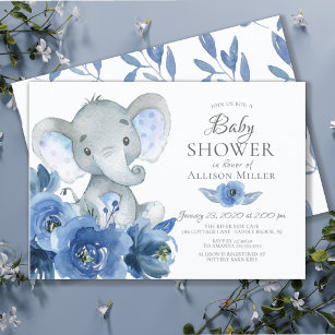 Convite Chá de fraldas Elefante de Flores Azuis de Aquarel
