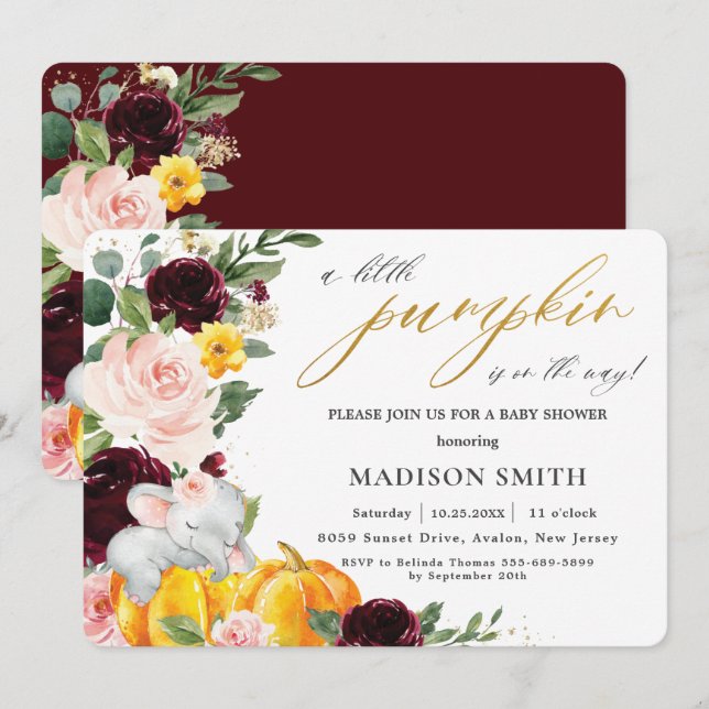 Convite Chá de fraldas Elefante Floral Burgundy    (Frente/Verso)