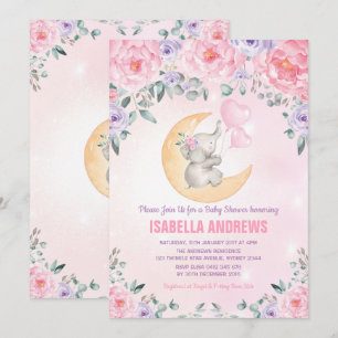 Convite Chá de fraldas Elefante/Floral Púrpura Rosa