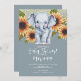 Convite Chá de fraldas Elefante Girassóis Flores Brilhante