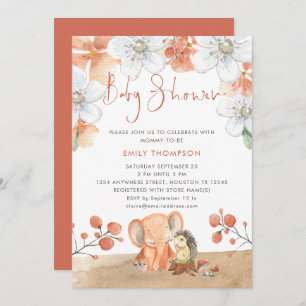 Convite Chá de fraldas Elefante Hedgehog Florals Coral Gir