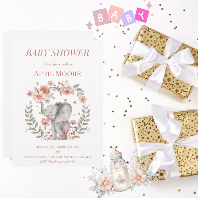 Convite Chá de fraldas Elefante para Menina Elegante (Cute Baby Girl Baby Shower Invitation)