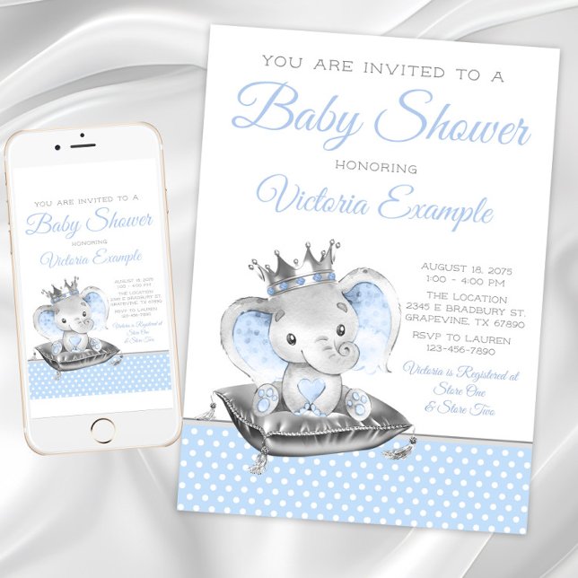 Convite Chá de fraldas Elefante Prince Boy (Boy elephant prince baby shower invitation. Instant download and printed invitations available.)