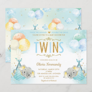 Convite Chá de fraldas Elefante Rainbow Twin Boys Sprinkl