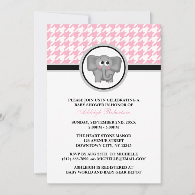 Convite Chá de fraldas Elefante Rosa e Branco (Frente)