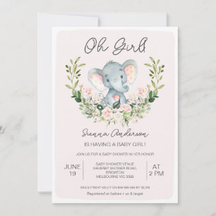 Convite Chá de fraldas Elefante Rosa-Floral