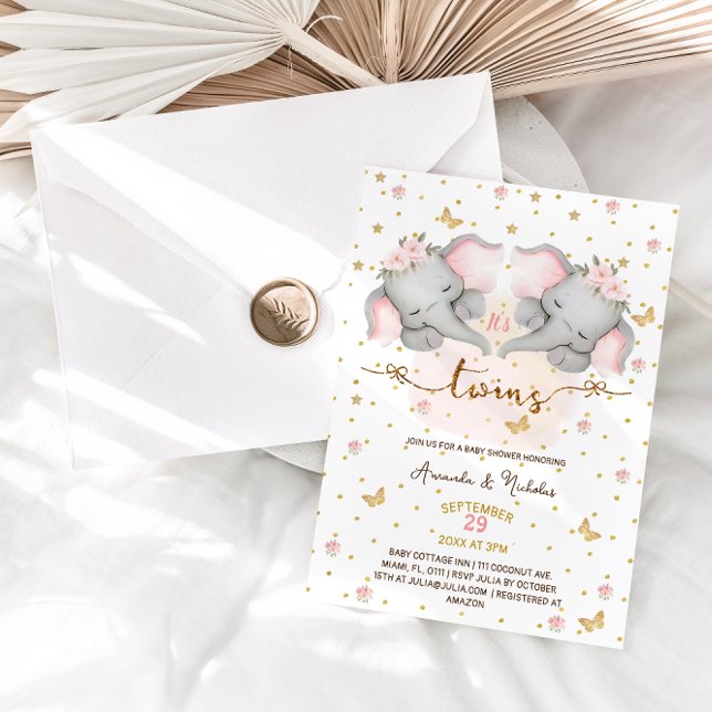 Convite Chá de fraldas Elefante Rosa Gêmeas (Criador carregado)