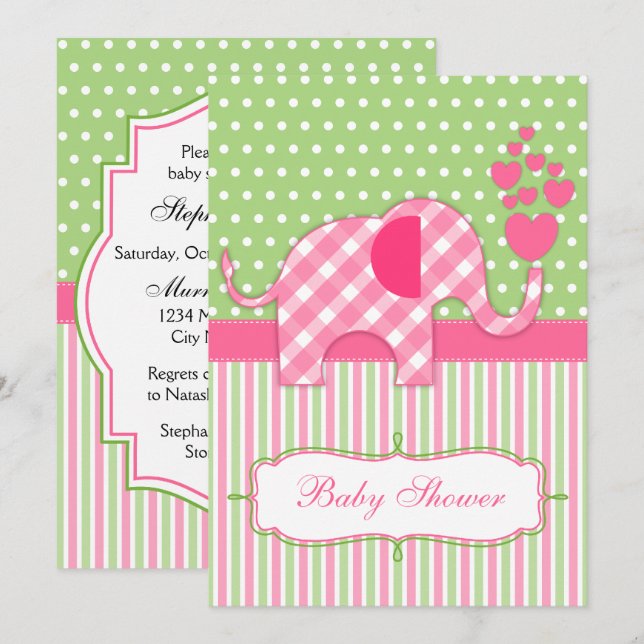 Convite Chá de fraldas Elefante Rosa Gingham (Frente/Verso)