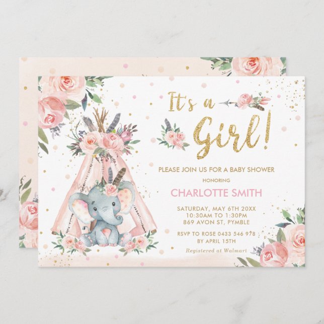 Convite Chá de fraldas Elefante Tribal Blush Floral Girl (Frente/Verso)