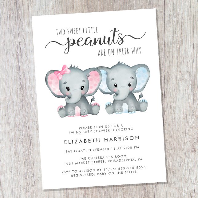 Convite Chá de fraldas Elefante Twin Girl (Cute twin boy and girl baby shower invitation)