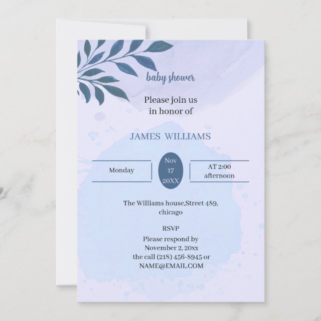 Convite Chá de fraldas Elegan Blue Aestic Personalizado (Frente)