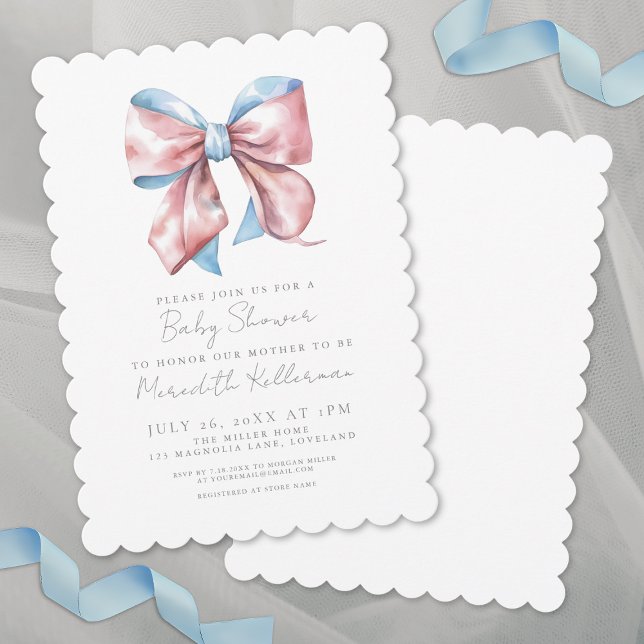 Convite Chá de fraldas Elegante (Elegant Bow Baby Shower Invitation)