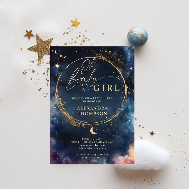 Convite Chá de fraldas Elegante Azul Celestial Gift Midnig (celestial baby shower invitation twinkle star moon cosmos galaxy dark navy blue gold)