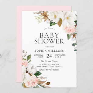 Convite Chá de fraldas Elegante Blush White Watercolor Flo