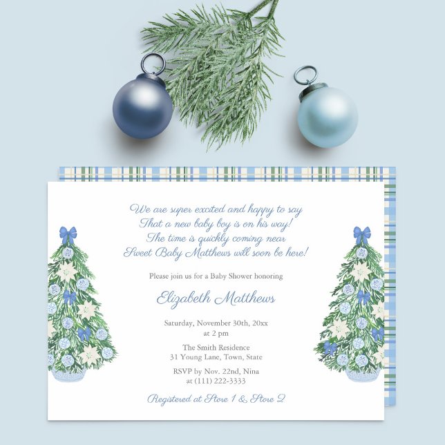 Convite Chá de fraldas Elegante Chinoiserie Poem Boy (Maximalist blue and white decorated holidays tree for Christmas baby shower for boy party invitation)