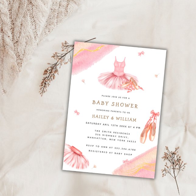 Convite Chá de fraldas Elegante cor-de-água rosa Ballerina (Pink Elegant Watercolor Ballerina Baby Shower Invitation)