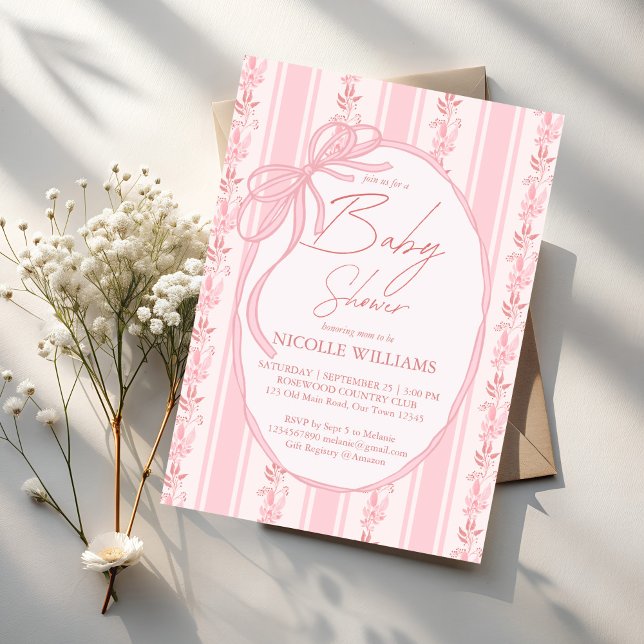 Convite Chá de fraldas elegante da borda do arco retrógrad (Grand millennial Pink stripes retro bow border elegant baby shower invitation cards template)