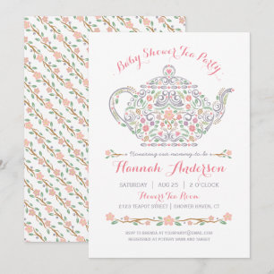 Convite Chá de fraldas elegante da menina de tea party 