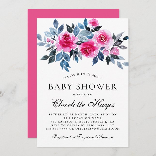 Convite Chá de fraldas Elegante de Aquarela Floral Rosa (Frente/Verso)