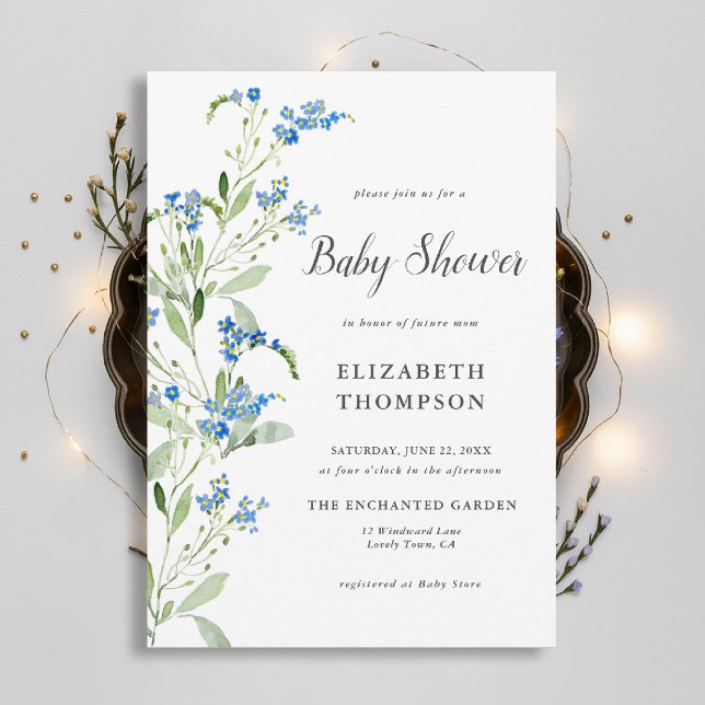 Convite Chá de fraldas Elegante de Arca Floral Azul de Flo (wildflowers baby shower invitation delicate blue watercolor arch elegant garden rustic chic boho)