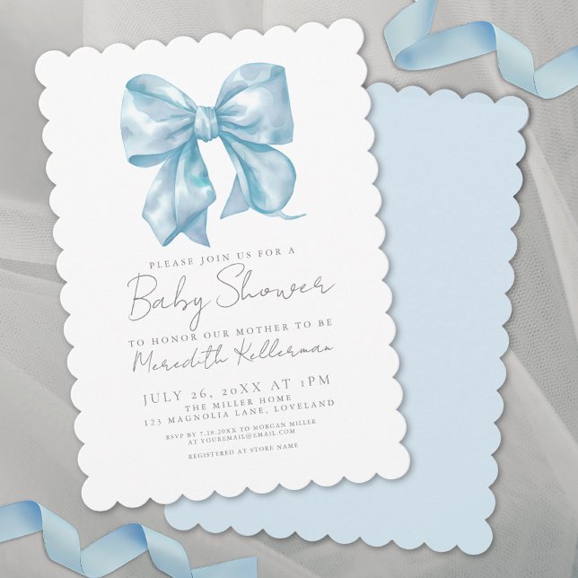 Convite Chá de fraldas Elegante de Arco Azul (Blue Bow Elegant Coquette Boy Baby Shower Invitation)