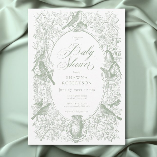 Convite Chá de fraldas Elegante de Aves da Chinoiserie Nat (Elegant Green Chinoiserie Nature Birds Baby Shower Invitation)