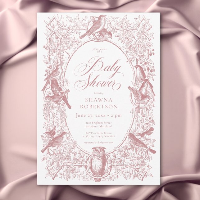 Convite Chá de fraldas Elegante de Aves de Chinoiserie Nat (Elegant Pink Chinoiserie Nature Birds Baby Shower Invitation)