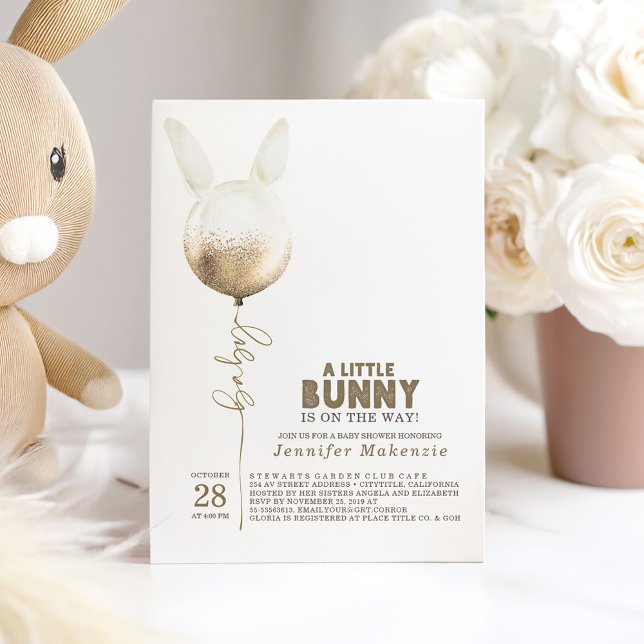 Convite Chá de fraldas Elegante de Balões Dourados de Bunn (A Little Bunny Brown Baby Shower Invitation)