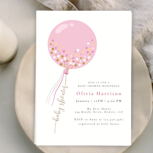 Convite Chá de fraldas Elegante de Balões Rosa (Elegant Pink Balloon Girl Baby Shower Invitation)