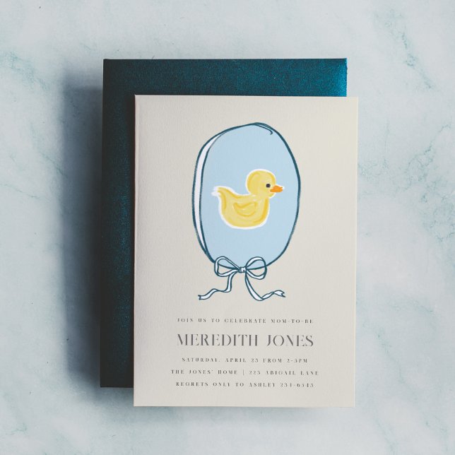 Convite Chá de fraldas Elegante de Borracha Ducky (Elegant meets cute rubber ducky Baby Shower invite featuring a yellow ducky framed in a blue ribbon.)