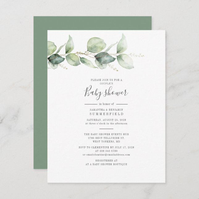 Convite Chá de fraldas Elegante de Casais Eucalyptus Folia (Frente/Verso)
