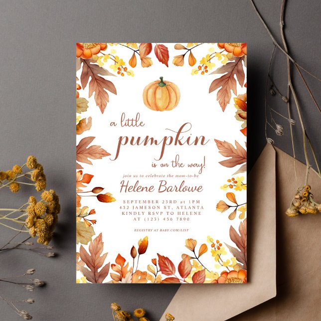 Convite Chá de fraldas Elegante de Ceda de Aquarela de Bom (Pumpkin Elegant Watercolor Fall Baby Shower Invitation)