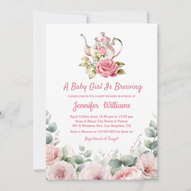 Convite chá de fraldas elegante de chá floral de aquarela (Frente)