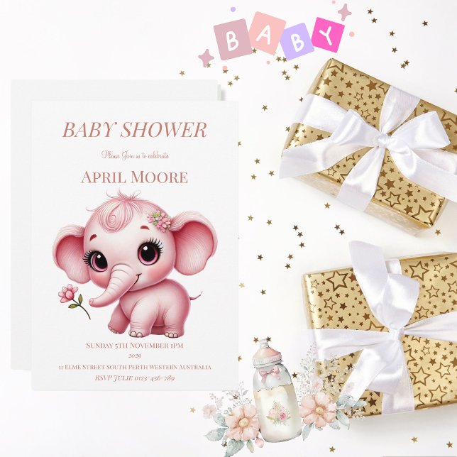 Convite Chá de fraldas Elegante de Elefante Rosa (Pink Baby Elephant Baby Shower Invitation)