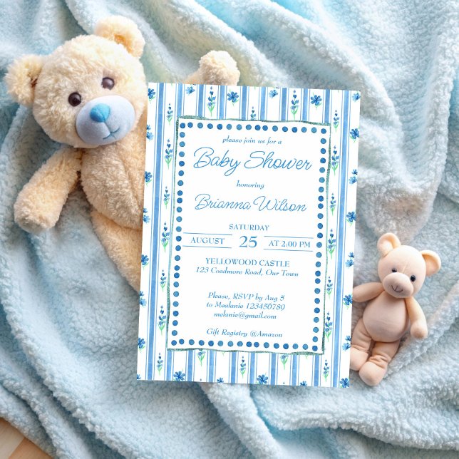 Convite Chá de fraldas Elegante de faixas azuis modernas (Elegant modern blue stripes baby shower invitation cards template instant download)