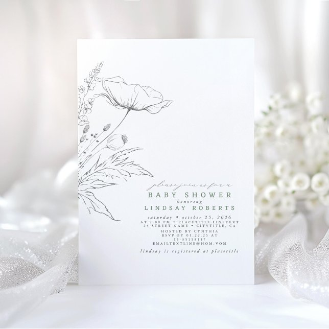 Convite Chá de fraldas Elegante de Flores Selvagens desenh (Minimalist Baby Shower Invitations with Wildflowers)