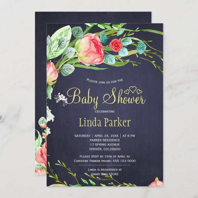 Convite Chá de fraldas elegante de rosas de jardim de mari (Frente/Verso)