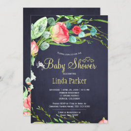 Convite Chá de fraldas elegante de rosas de jardim de mari