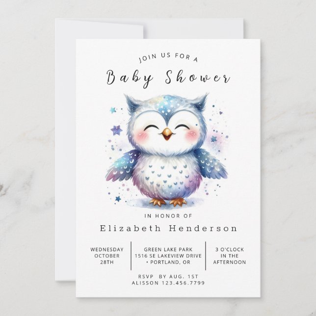 Convite Chá de fraldas Elegante Digital Owl (Frente)