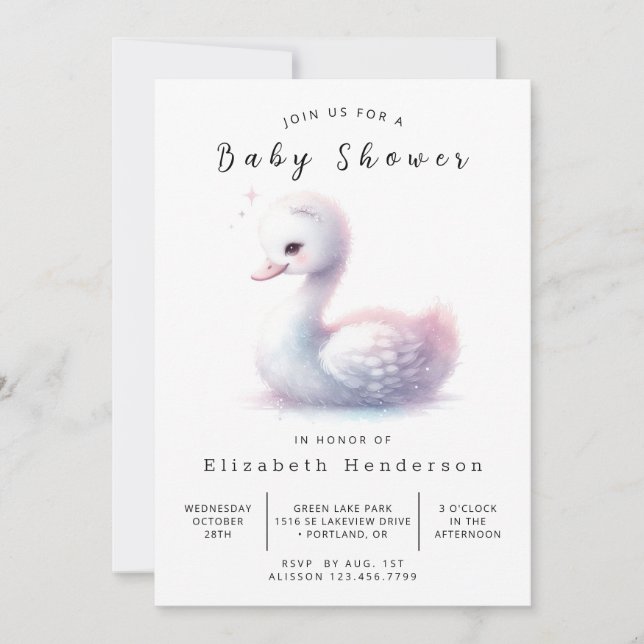 Convite Chá de fraldas Elegante Digital Swan (Frente)