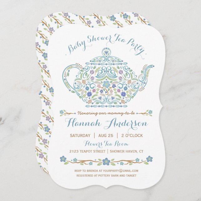 Convite Chá de fraldas Elegante do Tea Party (Frente/Verso)