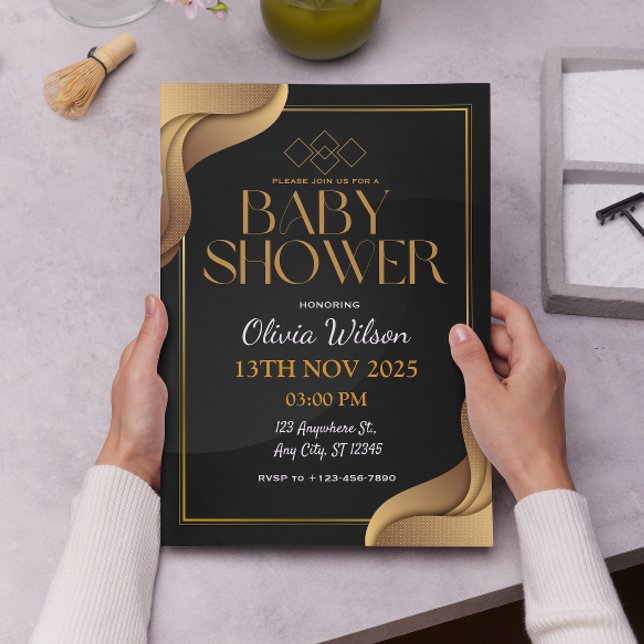 Convite Chá de fraldas Elegante Dourado e neutro para o gê (Criador carregado)