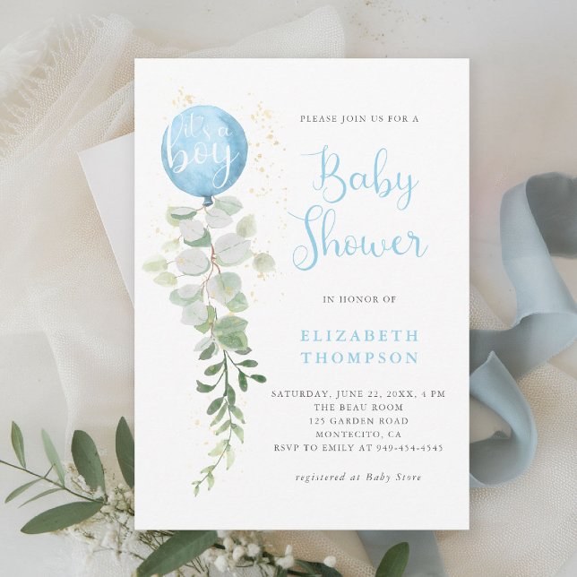 Convite Chá de fraldas Elegante Eucalyptus Balão Azul (boy baby shower invitation blue balloon eucalyptus greenery watercolor modern calligraphy simple)