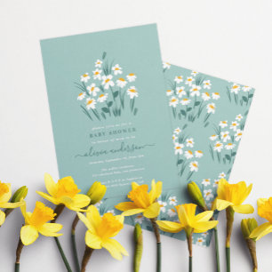Convite Chá de fraldas elegante floral azul margarida